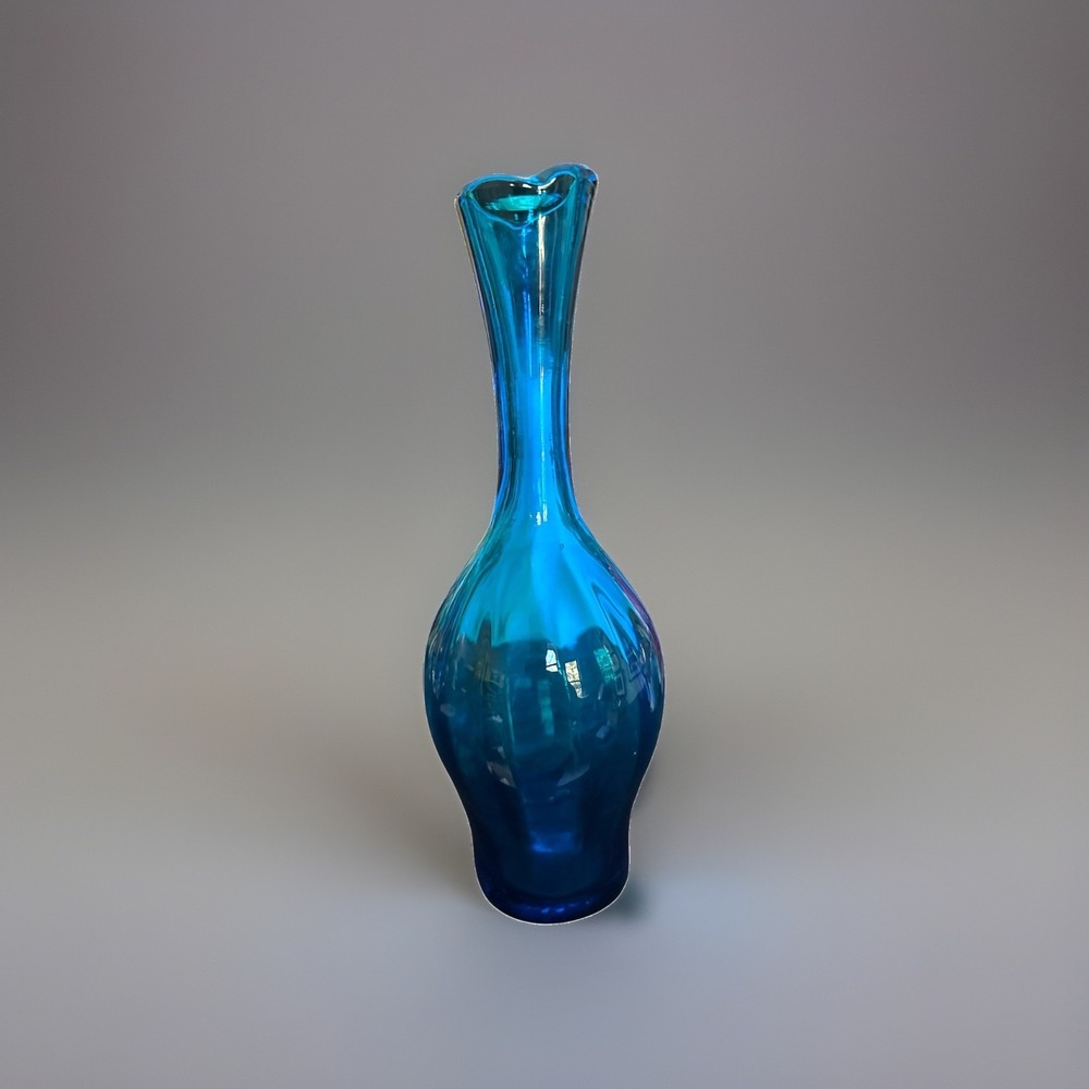 Optic 1965 Blenko 64D Peacock Blue Swung Vase Handblown By Joel Myers MCM 10"